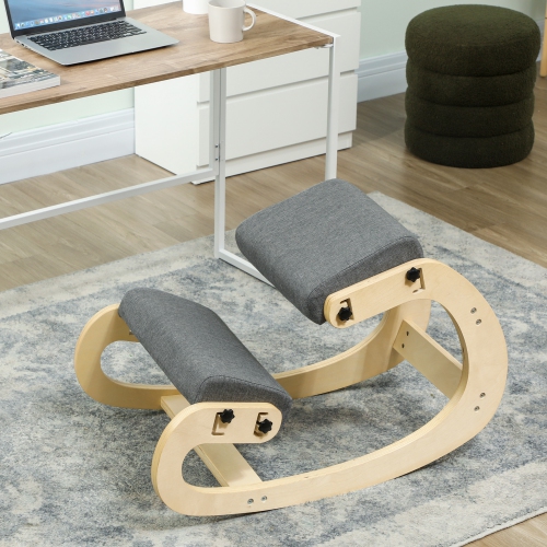 HOMCOM Ergonomic Kneeling Chair, Adjustable Rocking Wood Kneeling Stool, Desk Chair for Office, Improve Posture, Back Pain, Grey
