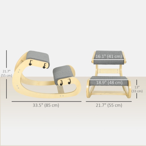 HOMCOM Ergonomic Kneeling Chair, Adjustable Rocking Wood Kneeling Stool, Desk Chair for Office, Improve Posture, Back Pain, Grey