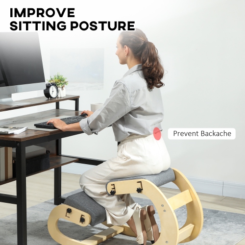 HOMCOM Ergonomic Kneeling Chair, Adjustable Rocking Wood Kneeling Stool, Desk Chair for Office, Improve Posture, Back Pain, Grey