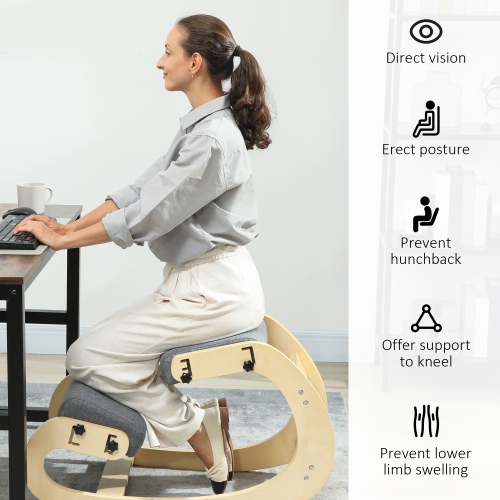HOMCOM Ergonomic Kneeling Chair, Adjustable Rocking Wood Kneeling Stool, Desk Chair for Office, Improve Posture, Back Pain, Grey
