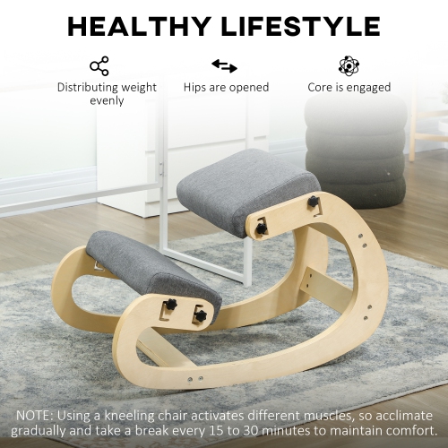 HOMCOM Ergonomic Kneeling Chair, Adjustable Rocking Wood Kneeling Stool, Desk Chair for Office, Improve Posture, Back Pain, Grey