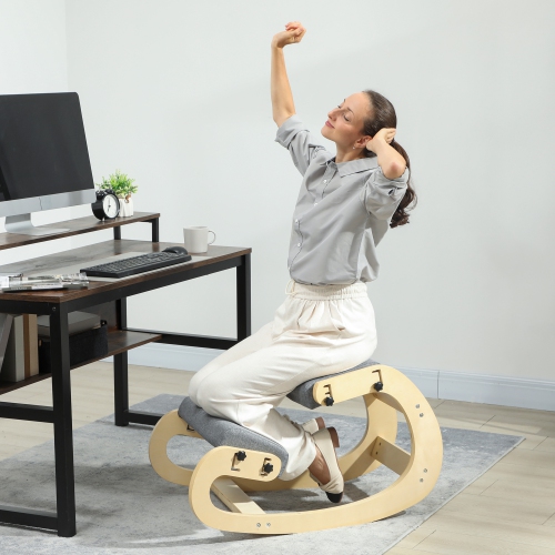 HOMCOM Ergonomic Kneeling Chair, Adjustable Rocking Wood Kneeling Stool, Desk Chair for Office, Improve Posture, Back Pain, Grey
