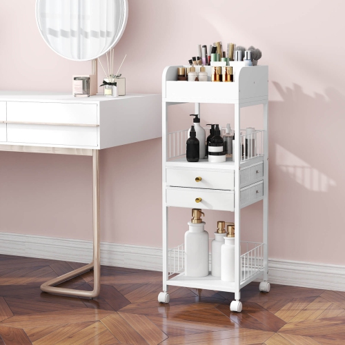 Costway Makeup Organizer Cart with 2 Storage Drawers & Lockable Wheels for Perfume, White