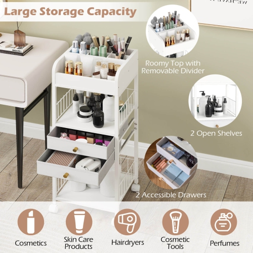 Costway Makeup Organizer Cart with 2 Storage Drawers & Lockable Wheels for Perfume, White