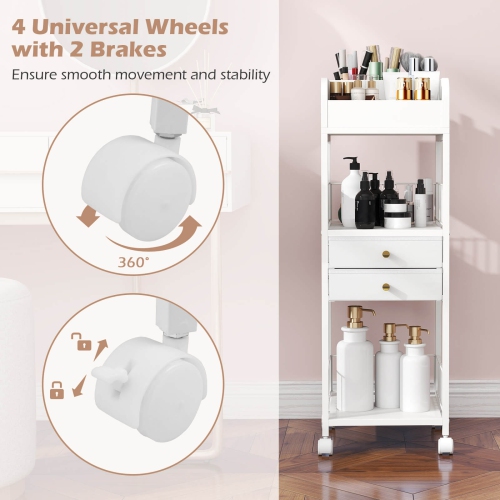 Costway Makeup Organizer Cart with 2 Storage Drawers & Lockable Wheels for Perfume, White