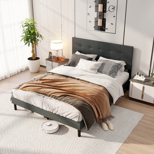 Costway Queen Size Bed Frame Linen Upholstered Platform Bed Frame with Tufted Headboard