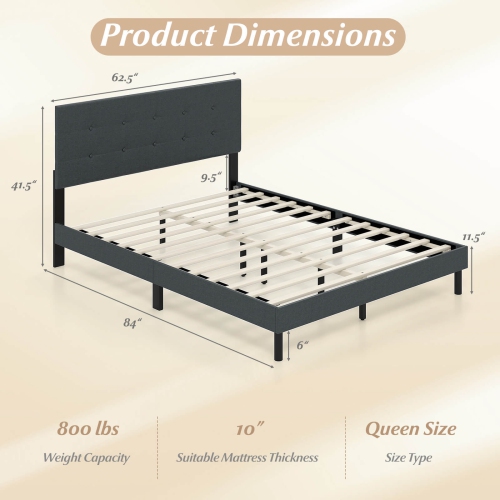 Costway Queen Size Bed Frame Linen Upholstered Platform Bed Frame with Tufted Headboard