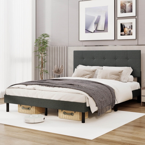 Costway Queen Size Bed Frame Linen Upholstered Platform Bed Frame with Tufted Headboard