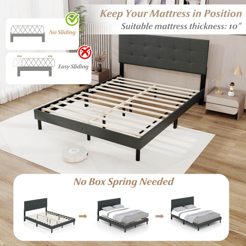 Costway Queen Size Bed Frame Linen Upholstered Platform Bed Frame with Tufted Headboard