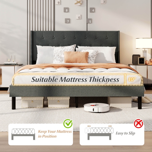 Cadre de grand lit de Costway – Base de matelas rembourrée en lin avec lattes en bois