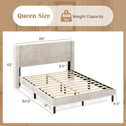 Costway Queen Size Velvet Bed Frame Upholstered Platform Bed with Wingback Headboard