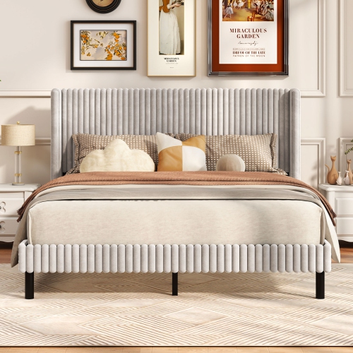 Costway Queen Size Velvet Bed Frame Upholstered Platform Bed with Wingback Headboard