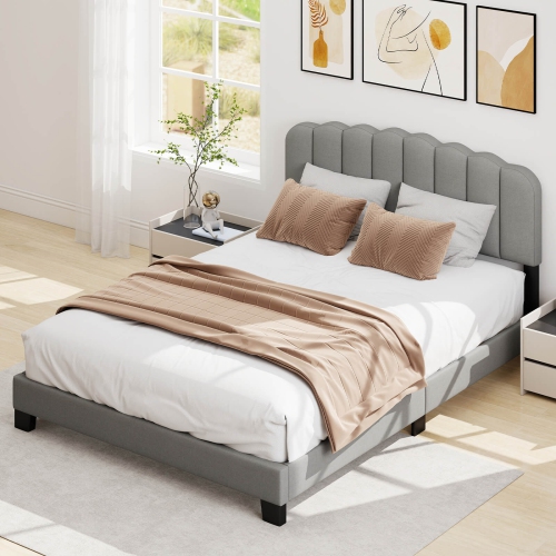 Costway Queen Size Bed Frame Linen Upholstered Platform Bed with Wooden Slat Support