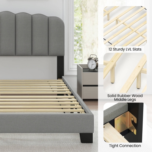 Costway Queen Size Bed Frame Linen Upholstered Platform Bed with Wooden Slat Support