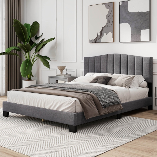 Costway Modern Upholstered Bed Frame Queen Size Platform Bed with Wooden Slat Support
