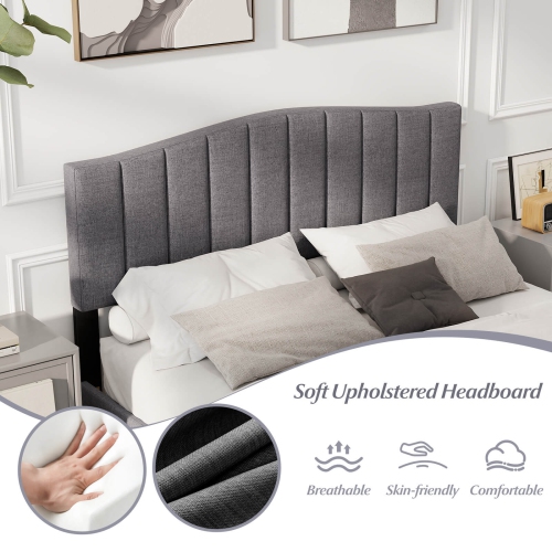 Costway Modern Upholstered Bed Frame Queen Size Platform Bed with Wooden Slat Support