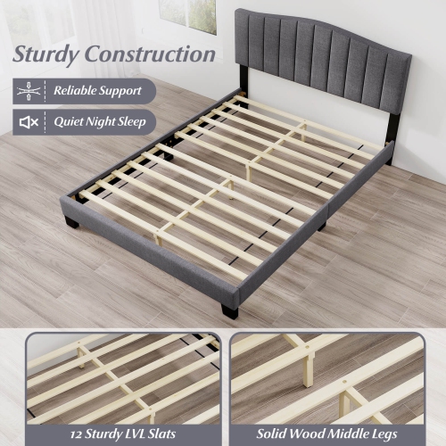 Costway Modern Upholstered Bed Frame Queen Size Platform Bed with Wooden Slat Support