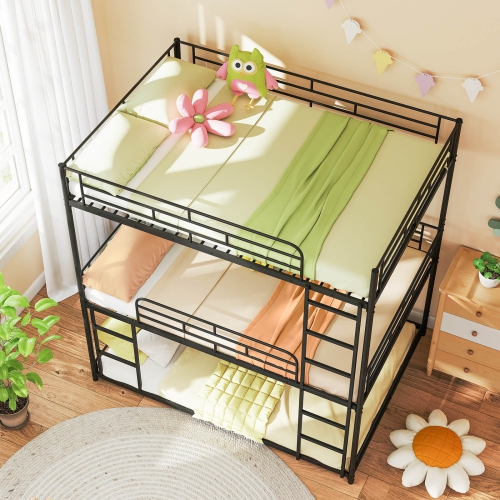 Costway Full Over Full Over Full Metal Bed Frame Heavy-Duty Triple Bunk Bed w/Dual Ladders