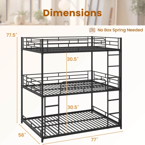 Costway Full Over Full Over Full Metal Bed Frame Heavy-Duty Triple Bunk Bed w/Dual Ladders