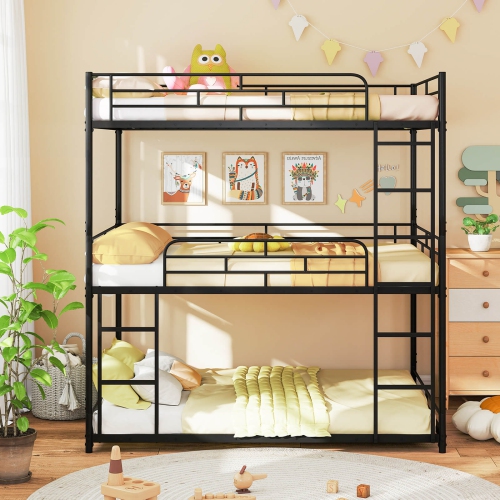 Costway Full Over Full Over Full Metal Bed Frame Heavy-Duty Triple Bunk Bed w/Dual Ladders