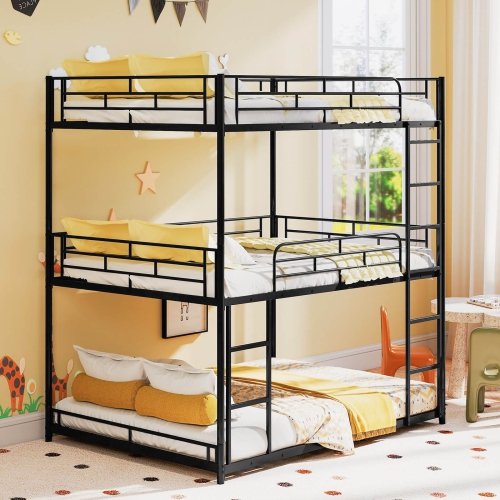 Costway Full Over Full Over Full Metal Bed Frame Heavy-Duty Triple Bunk Bed w/Dual Ladders
