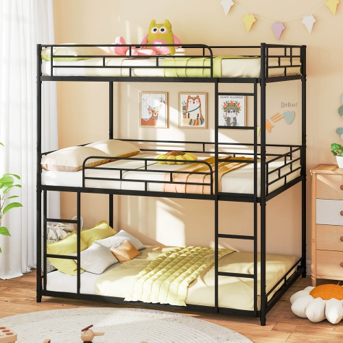 Costway Full Over Full Over Full Metal Bed Frame Heavy-Duty Triple Bunk Bed w/Dual Ladders