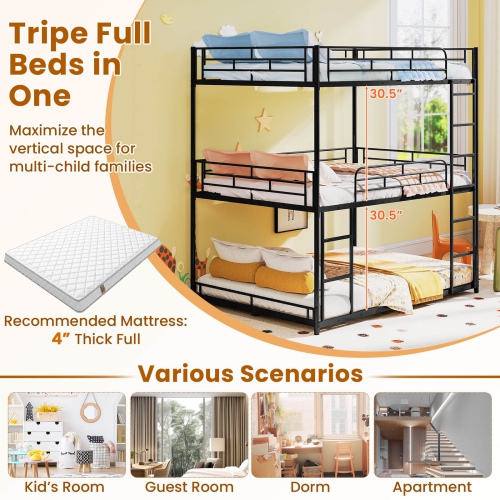 Costway Full Over Full Over Full Metal Bed Frame Heavy-Duty Triple Bunk Bed w/Dual Ladders