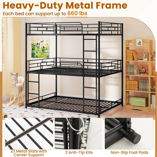 Costway Full Over Full Over Full Metal Bed Frame Heavy-Duty Triple Bunk Bed w/Dual Ladders