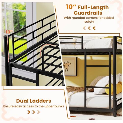 Costway Full Over Full Over Full Metal Bed Frame Heavy-Duty Triple Bunk Bed w/Dual Ladders