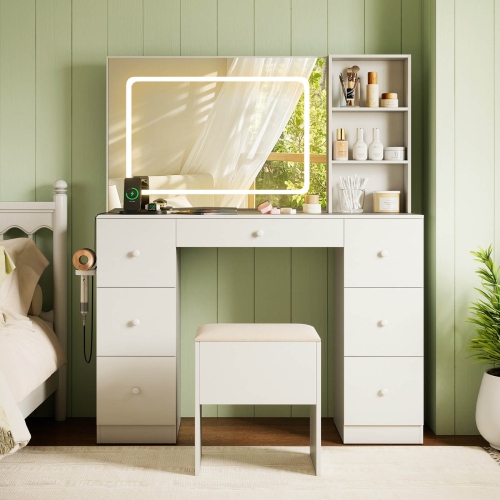 Costway Vanity Desk with Mirror & Lights Makeup Table with Power Outlets & 7 Drawers