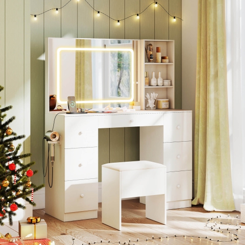 Costway Vanity Desk with Mirror & Lights Makeup Table with Power Outlets & 7 Drawers