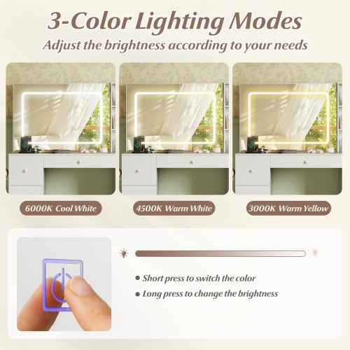Costway Vanity Desk with Mirror & Lights Makeup Table with Power Outlets & 7 Drawers