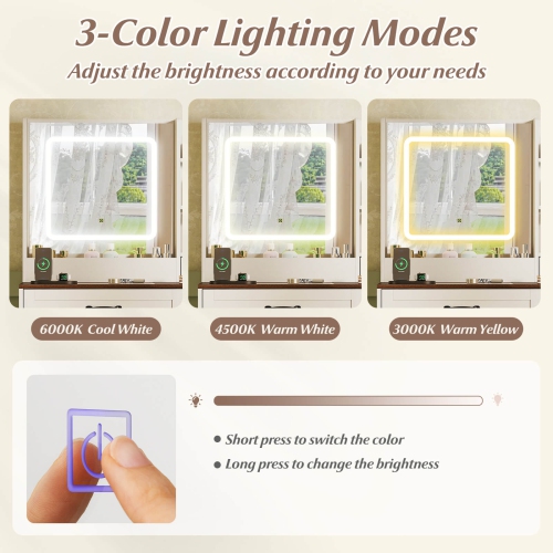 Coiffeuse avec miroir et prises d'alimentation de Costway avec 3 couleurs d'éclairage