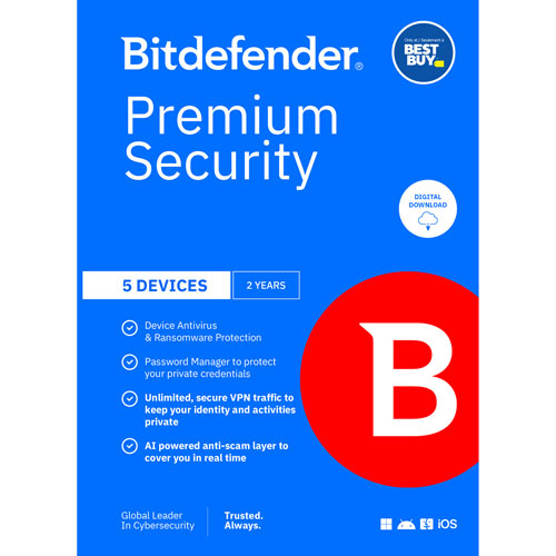 Bitdefender Premium Security Individual (PC/Mac/iOS/Android) - 5 appareils - 1 utilisateur - 2 ans - Téléchargement numérique - Exclusivité Best Buy