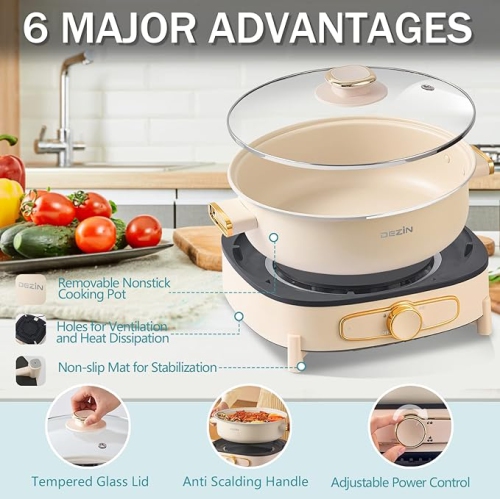 Open Box - Dezin Electric Shabu Shabu Pot with Removable Pot, 4L Electric Non-Stick Pot with Multi-Power Control