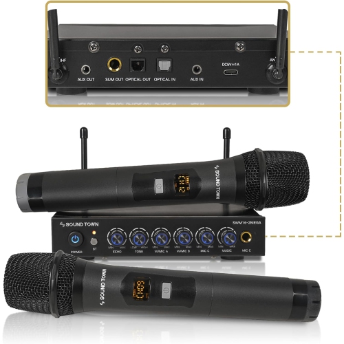 Sound Town 100 Channels Wireless Microphone Karaoke Mixer System with 2 Metal Handheld Microphones, Optical, AUX, for Smart TV, Home Theater, Sound