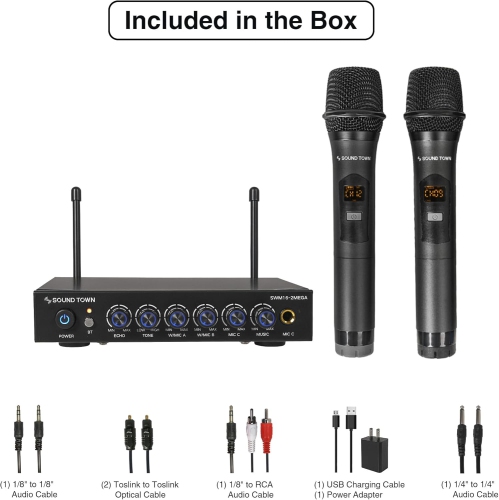 Sound Town 100 Channels Wireless Microphone Karaoke Mixer System with 2 Metal Handheld Microphones, Optical, AUX, for Smart TV, Home Theater, Sound