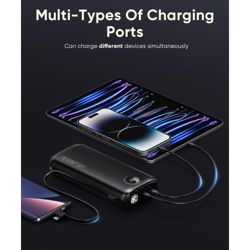 Chargeur portatif avec câbles intégrés, chargeur portable rapide 40000&nbsp;mAh PD 30&nbsp;W, type C/iOS, lampe de poche – pour iPhone, Samsung,