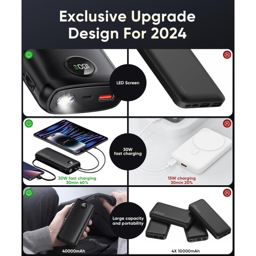 Chargeur portatif avec câbles intégrés, chargeur portable rapide 40000&nbsp;mAh PD 30&nbsp;W, type C/iOS, lampe de poche – pour iPhone, Samsung,