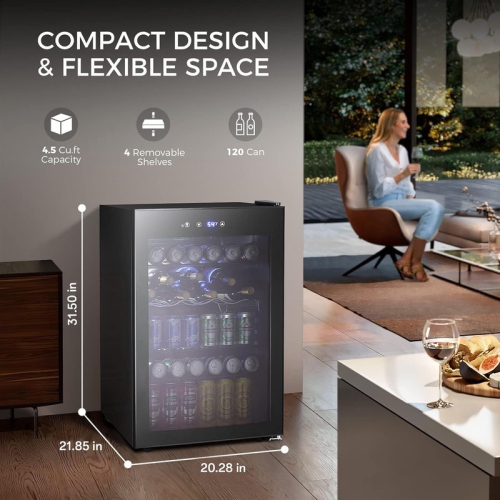 4.5 Cu. Ft. Mini Beverage Fridge – Holds 150 Cans of Soda, Beer, or Wine, Adjustable Removable Shelves, Compact Drink Cooler for Office or Bar