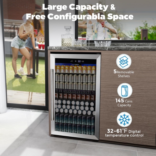 Réfrigérateur à boissons 4,5&nbsp;pi³, mini réfrigérateur de 145 canettes avec porte en verre pour boissons gazeuses, bière, vin et bar