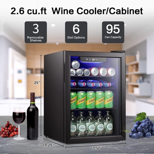 Cowsar 2.6 Cu.Ft Wine and Beverage Cooler – Mini Fridge with Glass Door, Adjustable Temperature, Quiet Operation, Freestanding, Black