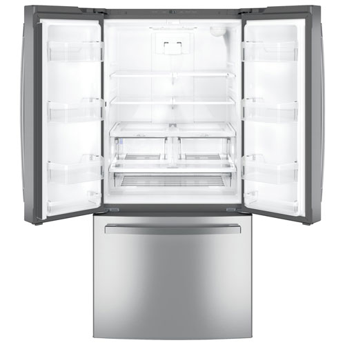 Réfrigérateur à deux portes 24,7 pi³ 33 po avec distributeur d'eau et de glaçons de GE - Acier inoxydable résistant aux traces de doigts