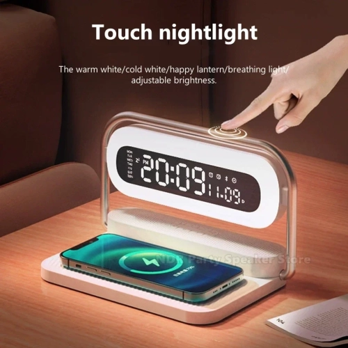 Téléphone cellulaire multifonctionnel Chargeur sans fil Réveil Audio Bluetooth Grand écran avec affichage de la date Haut-parleur nocturne coloré