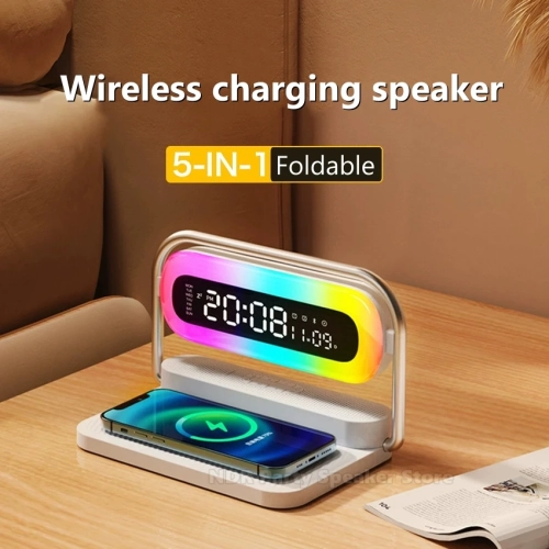 Téléphone cellulaire multifonctionnel Chargeur sans fil Réveil Audio Bluetooth Grand écran avec affichage de la date Haut-parleur nocturne coloré