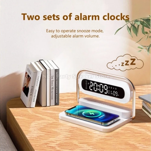 Téléphone cellulaire multifonctionnel Chargeur sans fil Réveil Audio Bluetooth Grand écran avec affichage de la date Haut-parleur nocturne coloré