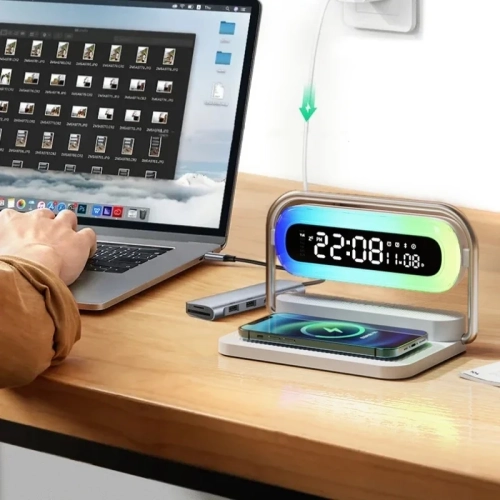 Téléphone cellulaire multifonctionnel Chargeur sans fil Réveil Audio Bluetooth Grand écran avec affichage de la date Haut-parleur nocturne coloré