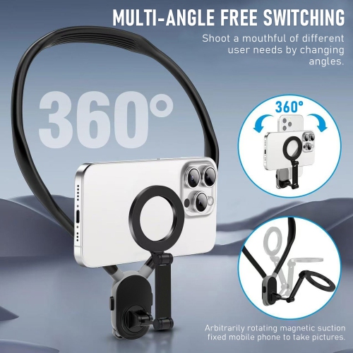 Magnetic Neck Phone Holder, POV/Vlog Recording Necklace Lanyard Selfie Hand Free Neck Phone Mount Stand for Iphone Android All Phones