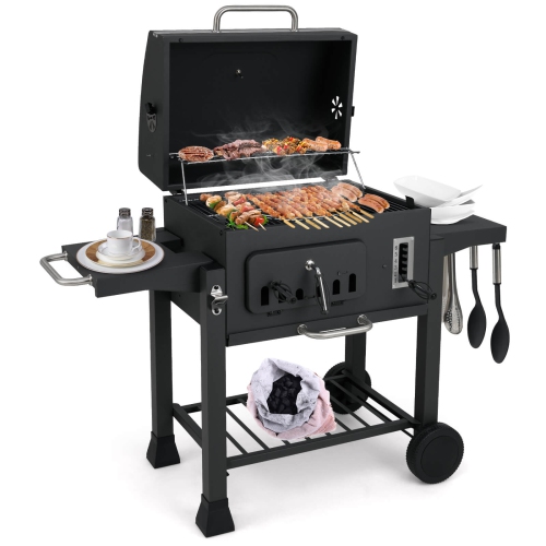 Costway Barrel Charcoal Grill with 2 Folding Side Tables 24-Inch Outdoor Barbecue Grill