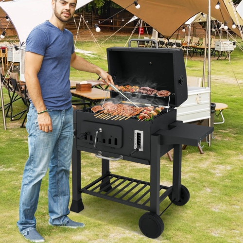 Costway Barrel Charcoal Grill with 2 Folding Side Tables 24-Inch Outdoor Barbecue Grill